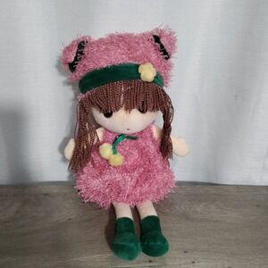 HWD Kawaii Plush 18'' Girl Doll in a Pink Shag Dress Stuffed Toy Flower Headband